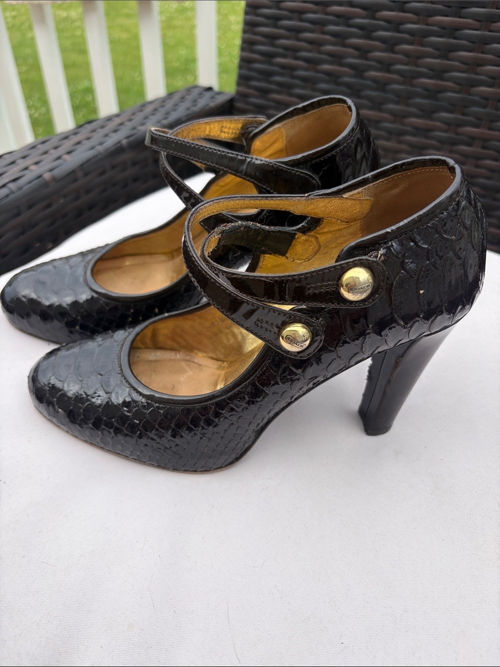 Coach Black Faux-Snakeskin Mary Jane Heels with Gold Buttons